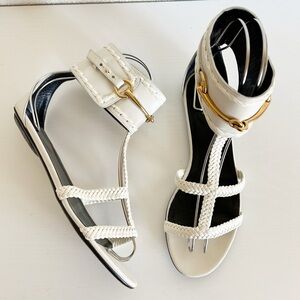Gucci Ursula White Horsebit Flat Leather Sandals Size EU 38